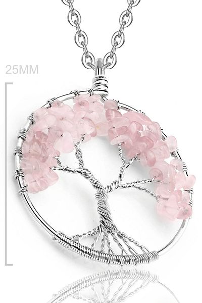 Tesbih Atölyesi Pink Rose and Quartz Stone Tree of Life Necklace - Certified