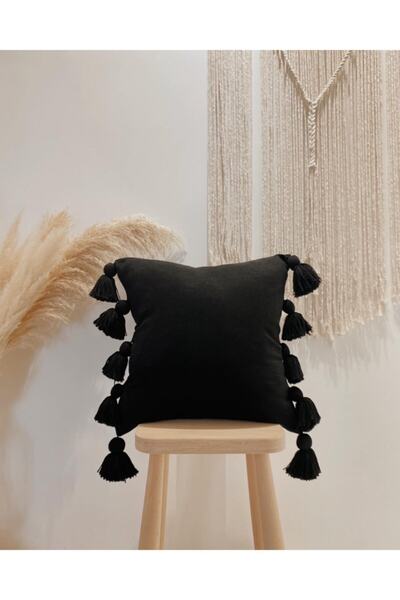 Hestia Home Hestia Home Μαξιλαροθήκη με πολλές φούντες Λινό Μαύρο 40x40 εκ.