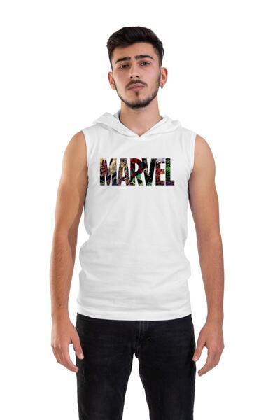 Raf Coll Унісекс біла футболка з капюшоном і цифровим принтом Marvel