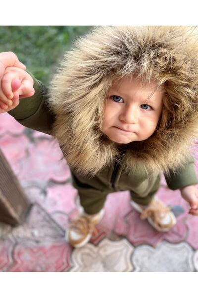 Ares Kids Fashion بذلة بياقة من الفرو الكاكي