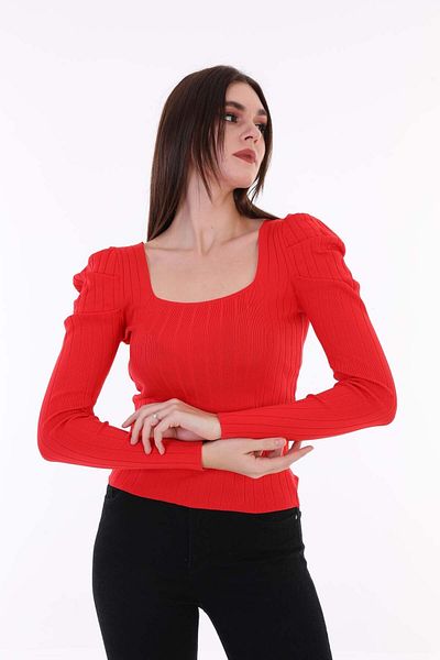 Pinpery Women's Red Sleeve Pleated Gathered Princess Sleeve Square Collar Blouse Sweater