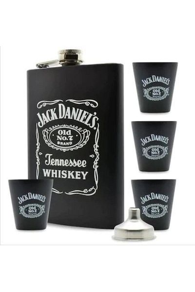 Tina Jack Matte Black Steel Drink Flask with Shat Glass Gift Set