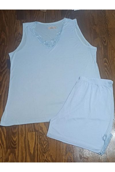 ALİMER - Marime Plus, Guler de Dantela Detaliat, Bretele groase, Set de pijama cu pantaloni scurți cu fante