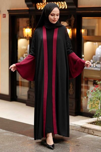 Neva Style - Claret Red Hijab Abaya with Sleeves Detail 55510br