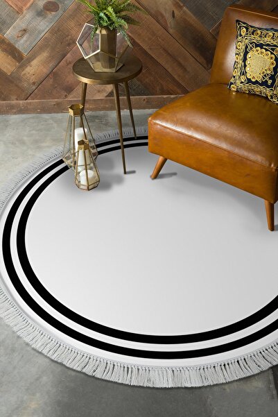 Alanur Home Eko Trend Djt Haı Yıkanabilir Kaymaz Taban 1696 Yuvarlak Bordürlü Beyaz Siyah