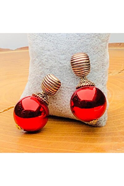 Ceso Accesories 2022 Yılbaşına Özel Kırmızı Top Bronz Kaplama Küpeler