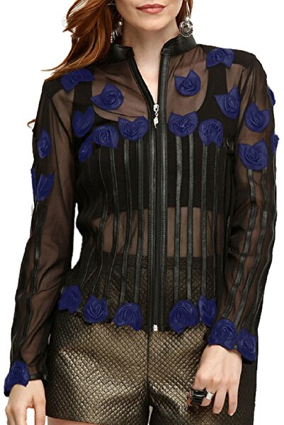 Zamback Gül Şeritli Deri Aplikeli Korsaj Ceket