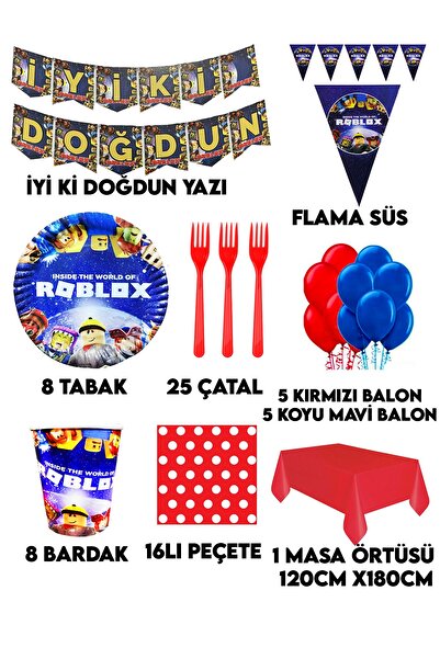 Parti dolabı 8 Kişilik Yazı Ve Flamalı Roblox Doğum Günü Parti Malzemeleri Süsleri Seti