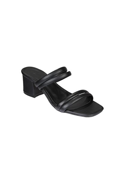 Yaz Kış Ayakkabı Women's Black Two-Striped Skin Heeled Slippers