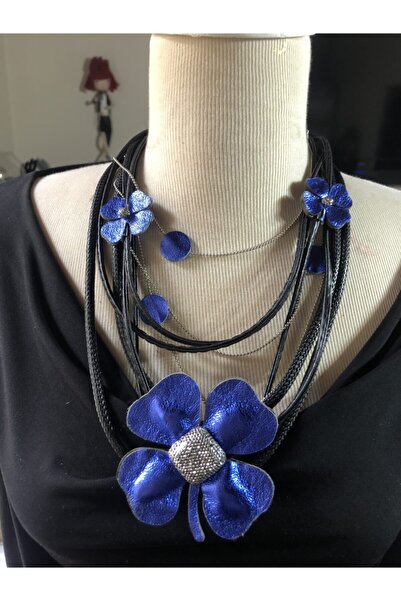 AGG TASARIM Lacivert Çiçek Deri Kolye