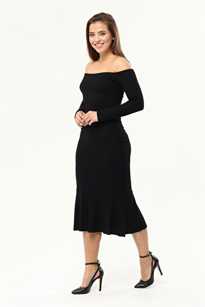 KİM Kİ O Kadın Siyah Omuzlar Açık Eteği Volanlı Elbise