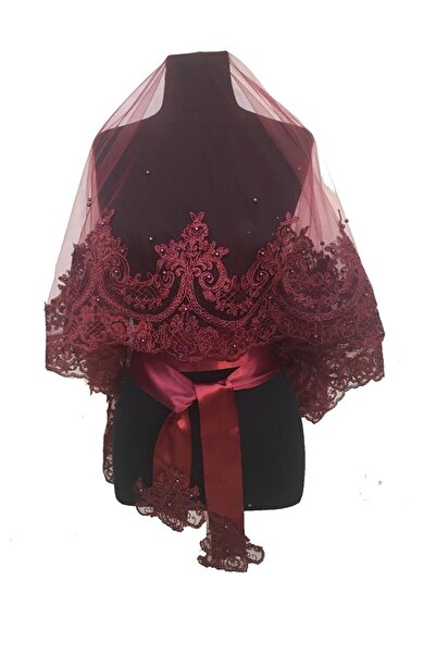 KÖKSAL Bordo Güpürlü Inci Süslemeli Gelin Duvak Kuşak Eldiven Seti Inci Kolye...