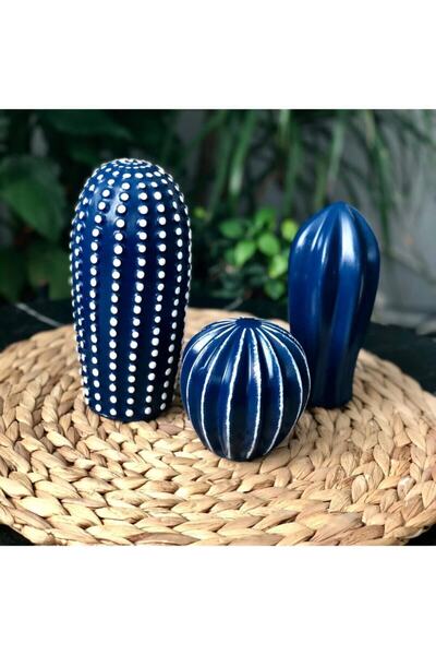 patienc Dekoratif 3'lü Kaktüs Biblo Lacivert Beyaz Detay