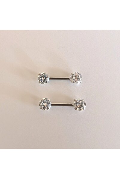 Bylin Cerrahi Çelik Zirkon Taşlı Memeucu/nipple Piercingi-bar Uzunluğu 12mm( ...