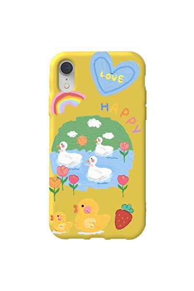 WANNA PROTECT Iphone Xr Sarı Renk Happy Içi Kadife Desenli Silikon Telefon Kı...