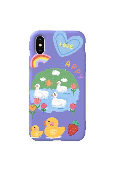 WANNA PROTECT Iphone Xs Max Lila Renk Happy Içi Kadife Desenli Silikon Telefo...