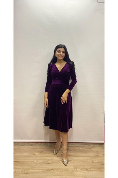 Bersi Butik Rochie Midi din catifea prune la dublu