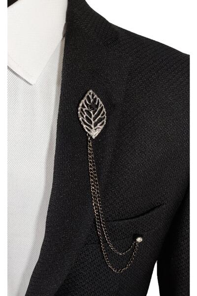 BLC Basic Line Co. Yaprak Figürlü Koyu Gümüş Gri Renginde Metal Ceket Yaka Iğ...