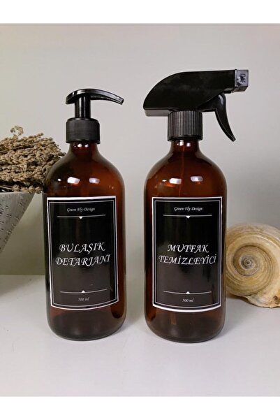 GREEN FLY DESİGN Amber Cam Şişe 500 Ml Mutfak Temizleyici, Bulaşık Deterjanı