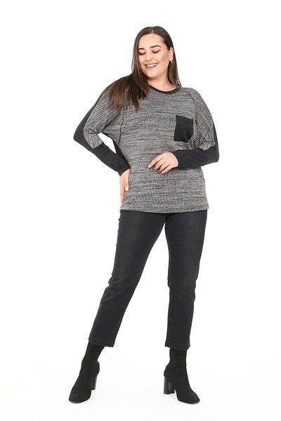 DISENTIS MODEST Plus Size Crew Neck Cot Stitching Bat Sleeve Dark Gray Blouse