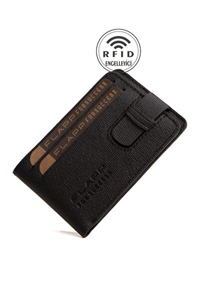 Flapp Hakiki Deri Desenli Siyah Cüzdan Kartlık