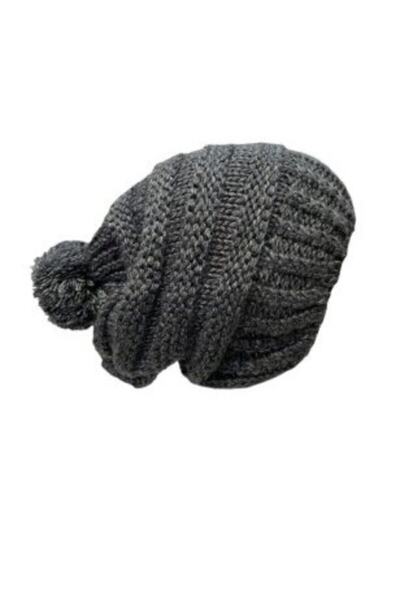 FATELLA Дамски плетен модел плетиво с помпони Антрацитна барета