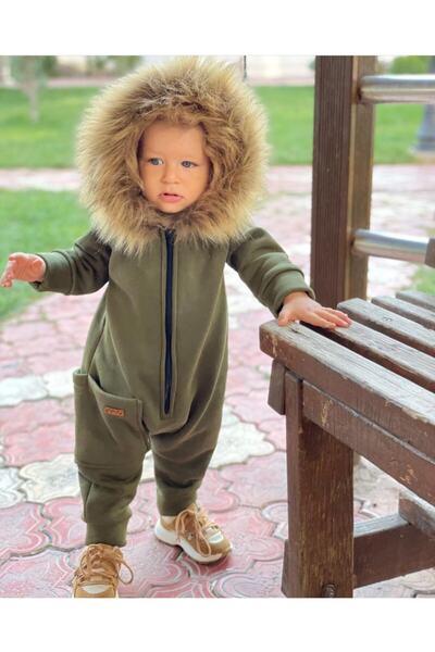 Ares Kids Fashion بذلة بياقة من الفرو الكاكي
