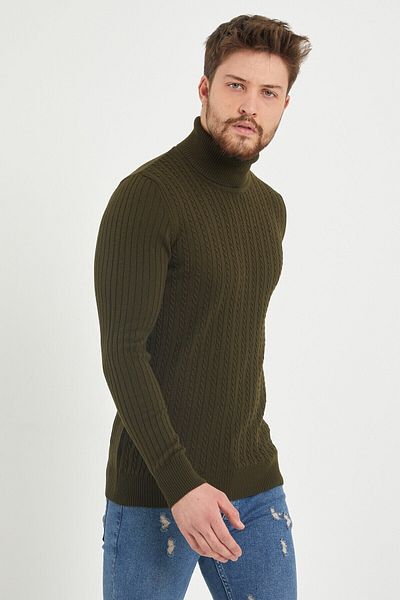 COOL TARZ Ανδρικά Χακί μαλλιά πλεξούδα μοτίβο Turtleneck λεπτό πουλόβερ πουλόβερ