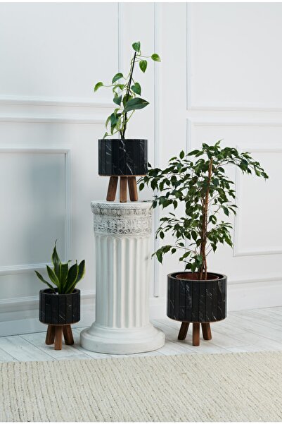 Hakan Mobilya Siyah Mermer Desenli Ahşap Ayaklı Yuvarlak Saksı Seti Dekoratif...