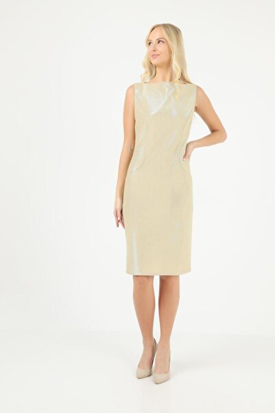 Ceylen Kayık Yaka Sıfır Kol Yarım Cup Midi Boy Kalem Elbise