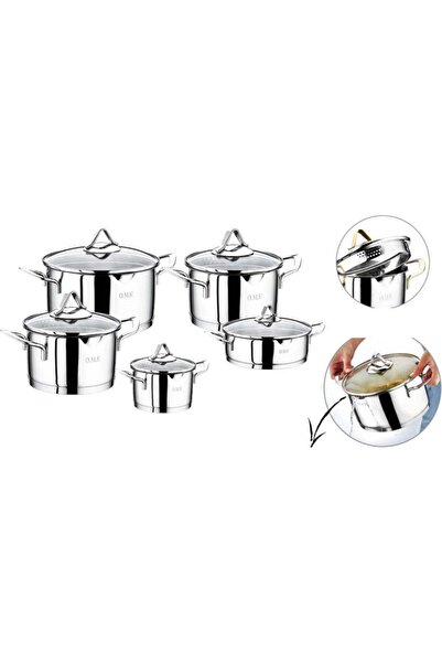 OMS PASLANMAZ 10 Parça Çelik Silindir Dökme Ağız Tencere Seti Sade 1057