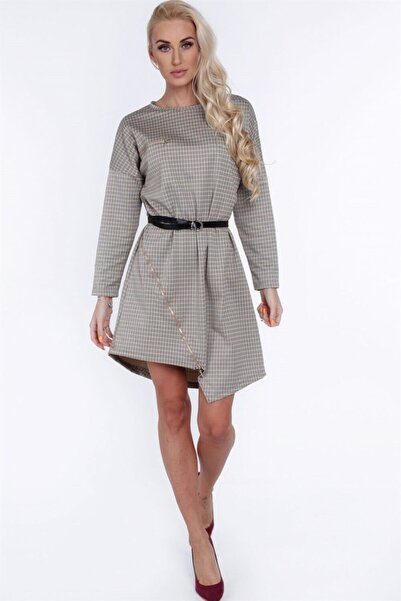 fasardi Fermuar Detaylı Asimetrik Mini Elbise