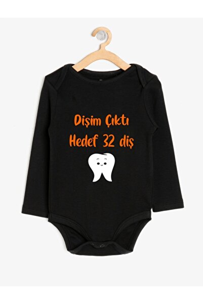 venüsdijital بدلة أطفال سوداء مطبوعة بنص برتقالي من First Tooth