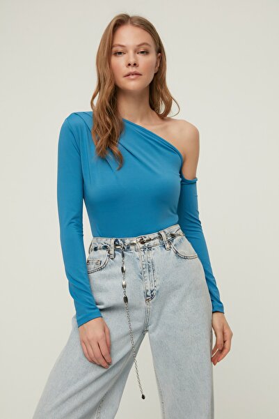 Trendyol Collection Індіго Асиметричний комір з довгим рукавом Еластичний трикотаж Orme Body TWOAW22BD0080
