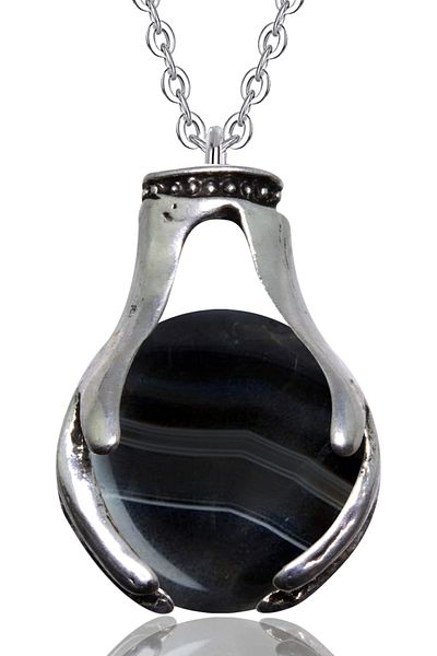 Tesbih Atölyesi Certified Hand Symbol Natural Veined Black Agate Stone Necklace