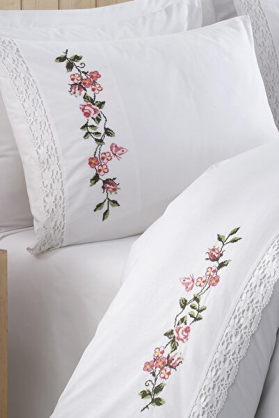 ÖDEL HOME White - Pink Lace Flower Embroidered Single Duvet Cover Set