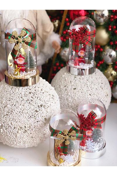 QUEEN AKSESUAR New Year Christmas Luxury Santa Claus Snow Globe Pine Tree Deer Decoration Gift Silver Red