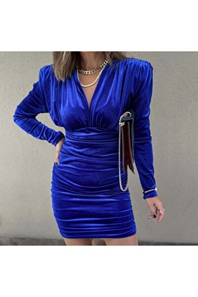 WAY OF LOVE Saks Mavi Omuzları Vatkalı Kadife Drapeli Elbise