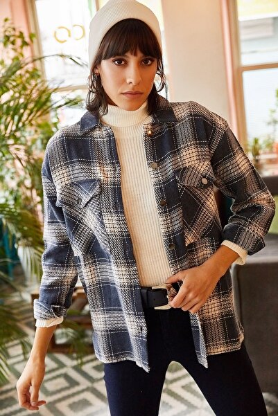 Olalook Női sötétkék dupla zsebes alkalmi kockás bélyegző ing GML-19000732