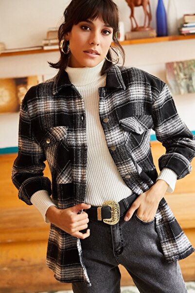 Olalook Kadın Siyah Çift Cepli Salaş Ekose Kaşe Gömlek GML-19000732