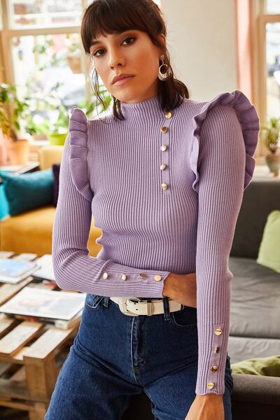 Olalook Kadın Lila Fırfırlı Düğme Detaylı Bel Üstü Triko Kazak KZK-19000263