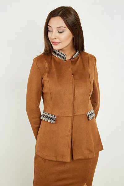 Sateen Kadın Taba Hakim Yaka Pul Işlemeli Süet Ceket 20KCE139K103