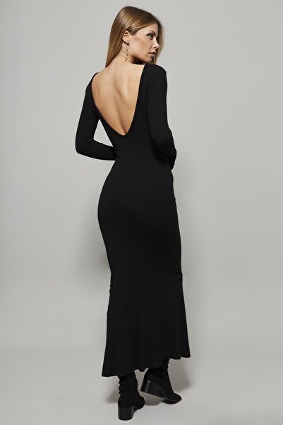 Cool & Sexy Kadın Siyah U Yaka Maxi Elbise EY1129