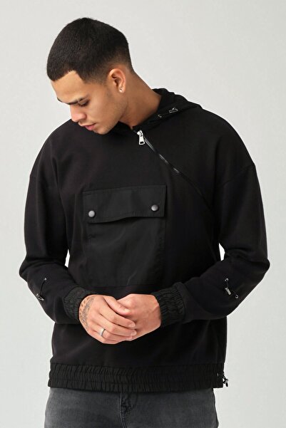 TBASIC Erkek Siyah Çapraz Fermuarlı Sweatshirt