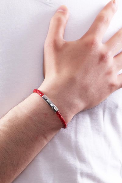 LABALABA Men's Steel Closure Red Color Braided Leather Bracelet