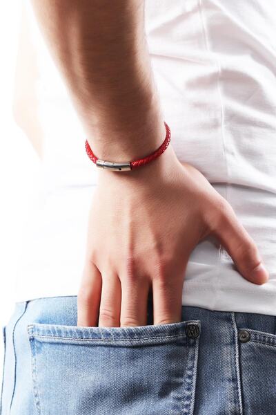 LABALABA Men's Steel Closure Red Color Braided Leather Bracelet