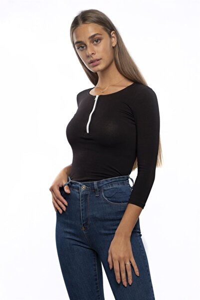 Miss Murem Women's Black Front Zippered Bodysuit