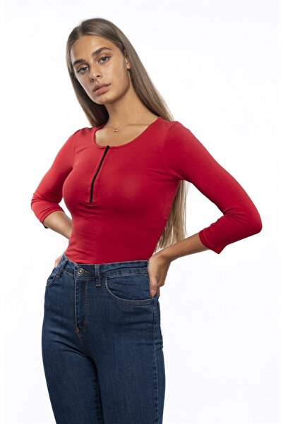 Miss Murem Women's Red Front Zipper Bodysuit