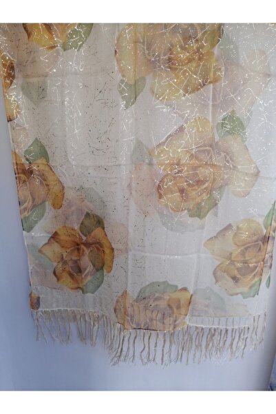 Butik Tülin Otantik İpek Şifon Çok Renkli Çiçekli Altın Yaldızlı Püsküllü Dik...