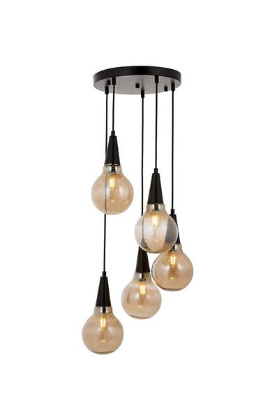 Tavcam Topaç 5-Piece Smoked Glass and Black Pendant Lamp Chandelier with Tray